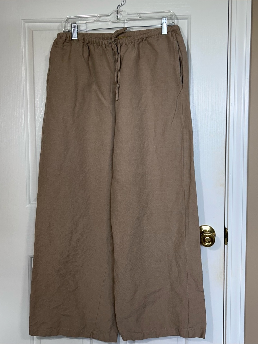 Valerie Stevens Linen Rayon Blend Wide Leg Pants Tan Drawstring Elastic Waist